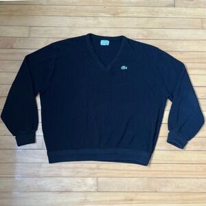 Vintage Izod Lacoste Mens XL Black V-Neck Orlon Acrylic Sweater Made in USA Logo